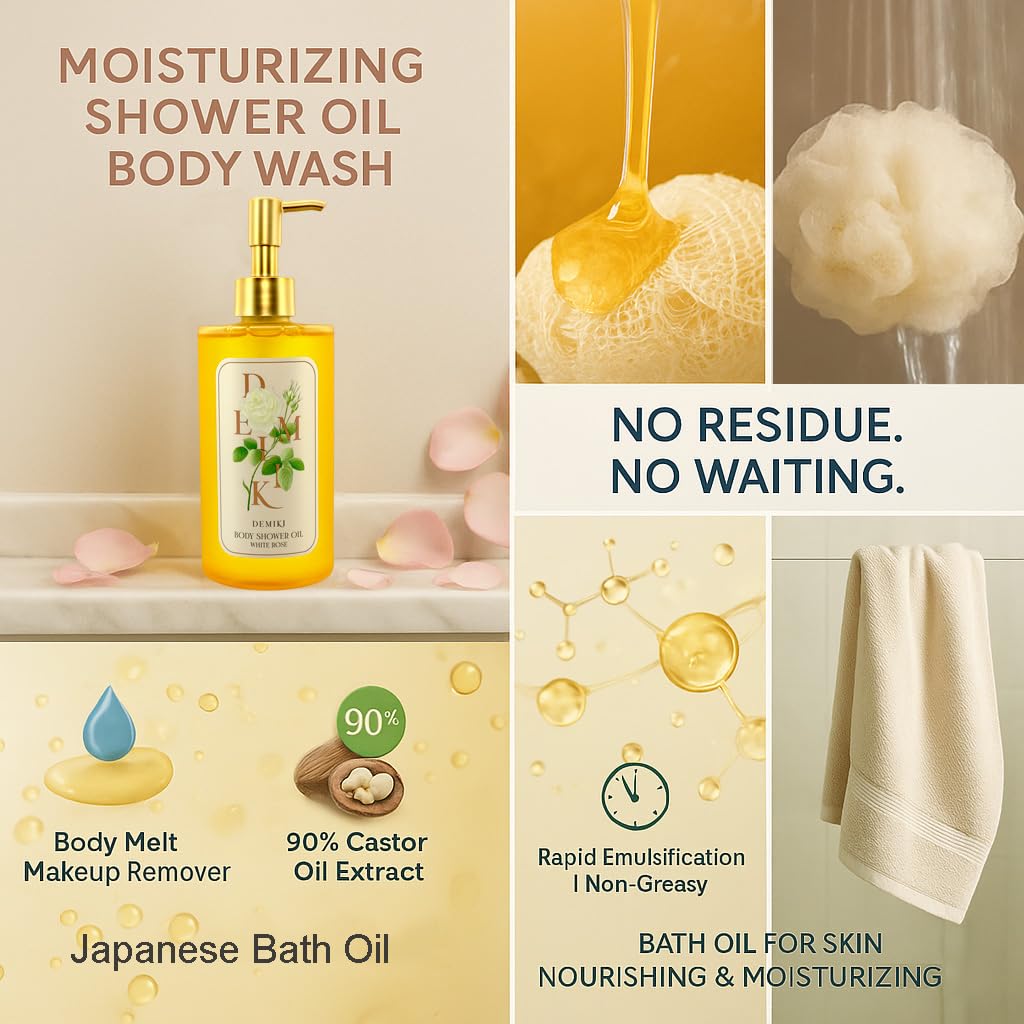 Texture of Demiki low foam oil based body cleanser transforming to milk
