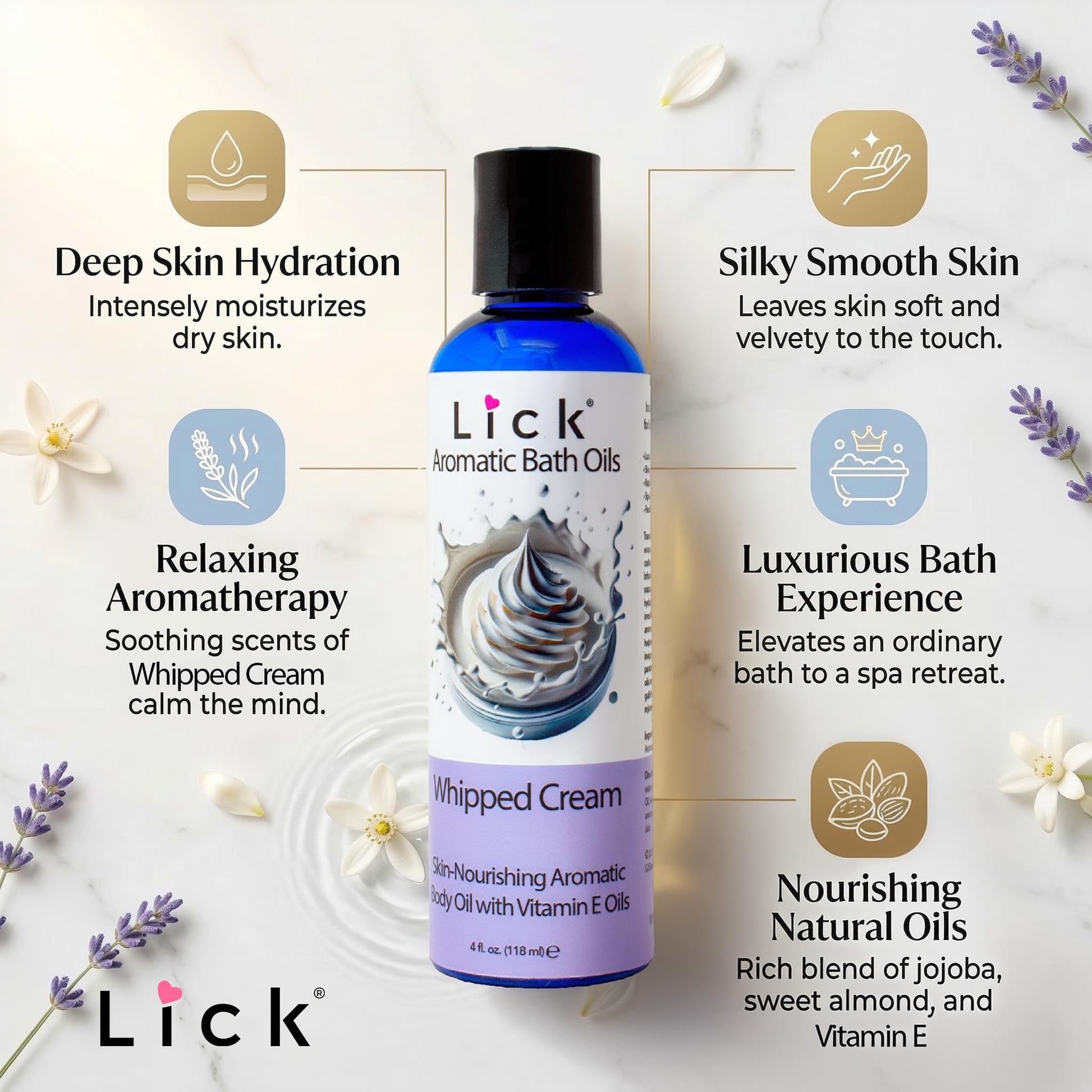Lick Relaxing Dessert Soak 4 Fluid Ounces displaying USA imported luxury packaging