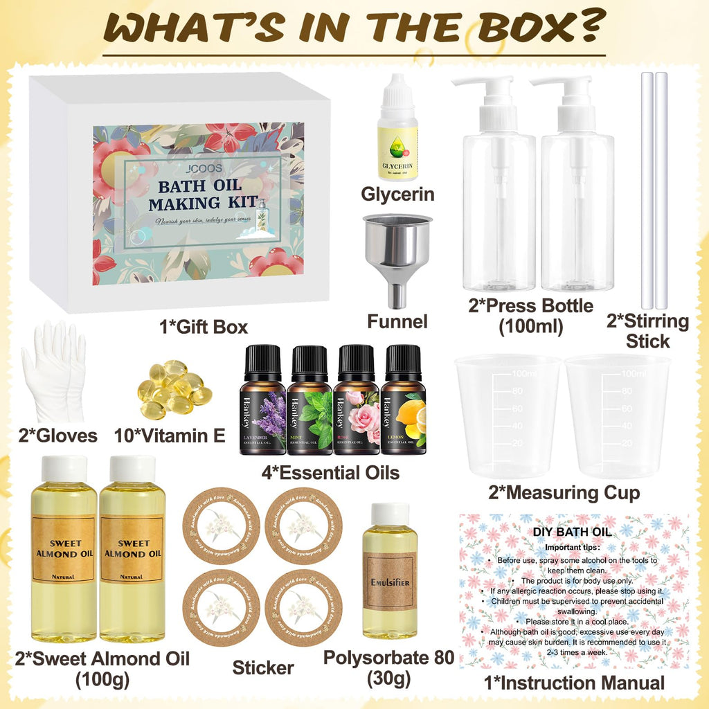 Jcoos kit contents showing sweet almond oil and glycerin bottles