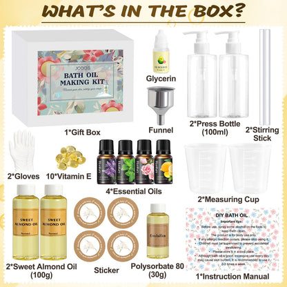 Sweet almond oil bottles and essential oil vials included in the Jcoos body wash crafting set