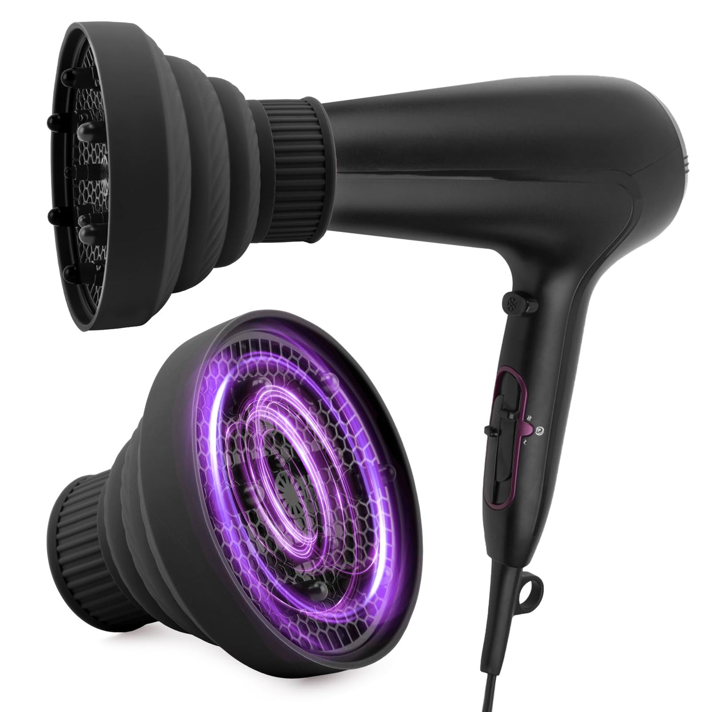 Black foldable diffuser attachment for curly hair fully expanded on a flat surface