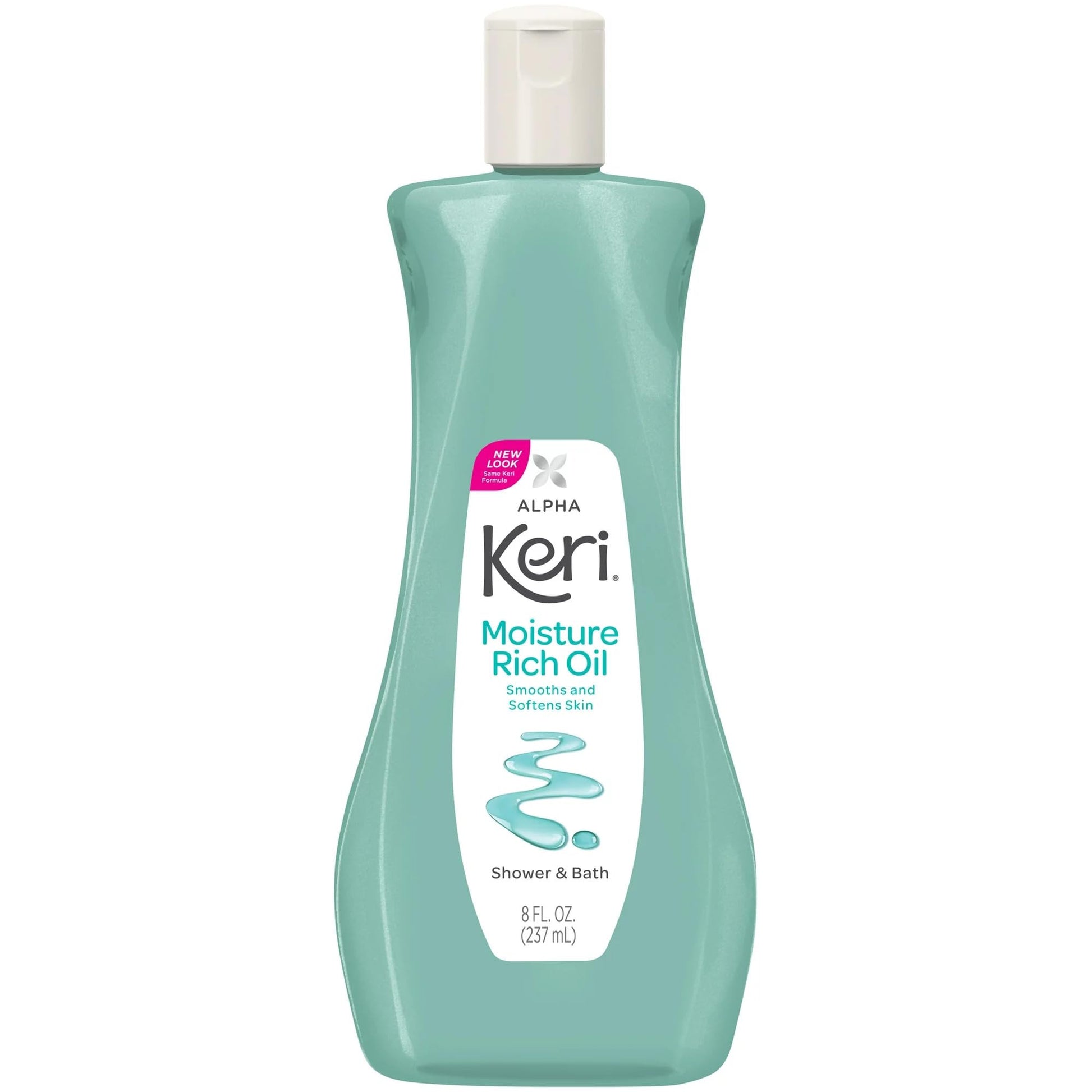 Keri emollient rich body oil 8 ounce bottle showcasing product labeling and usage directions