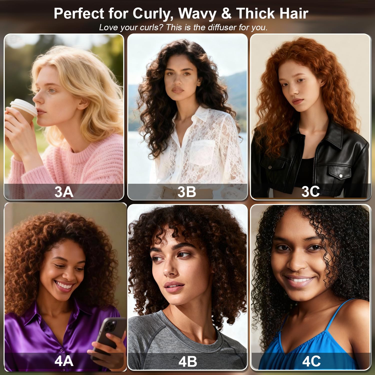 Premium styling accessory nozzle demonstrating compatibility with thick and wavy hair types.
