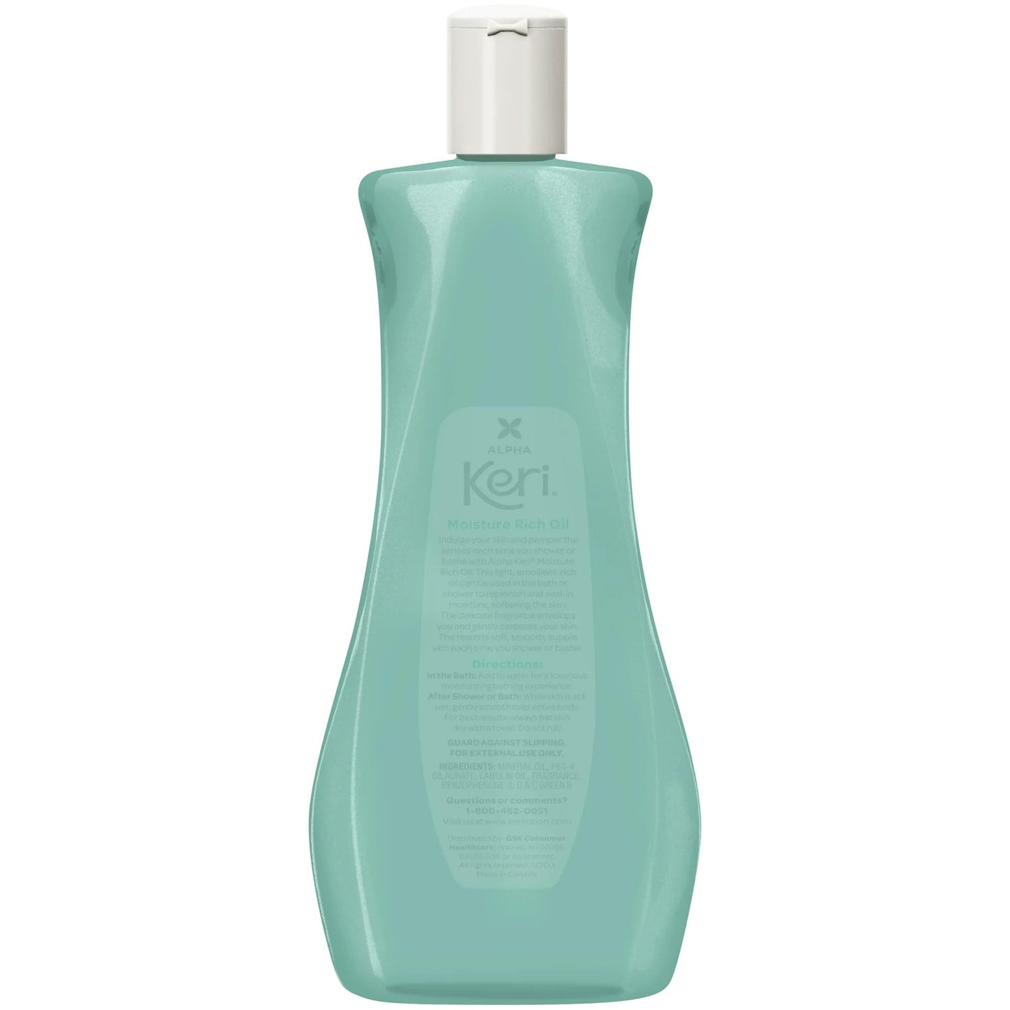 Side view of Keri shower and bath oil 8 ounce bottle detailing the fluid volume information