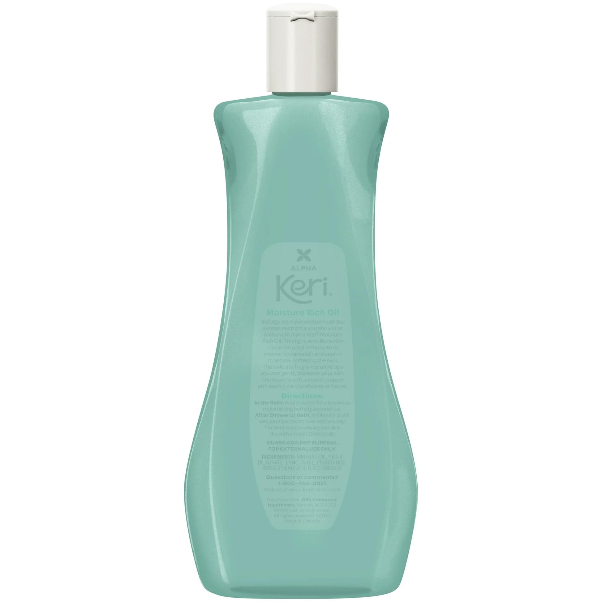 Side view of Keri shower and bath oil 8 ounce bottle detailing the fluid volume information