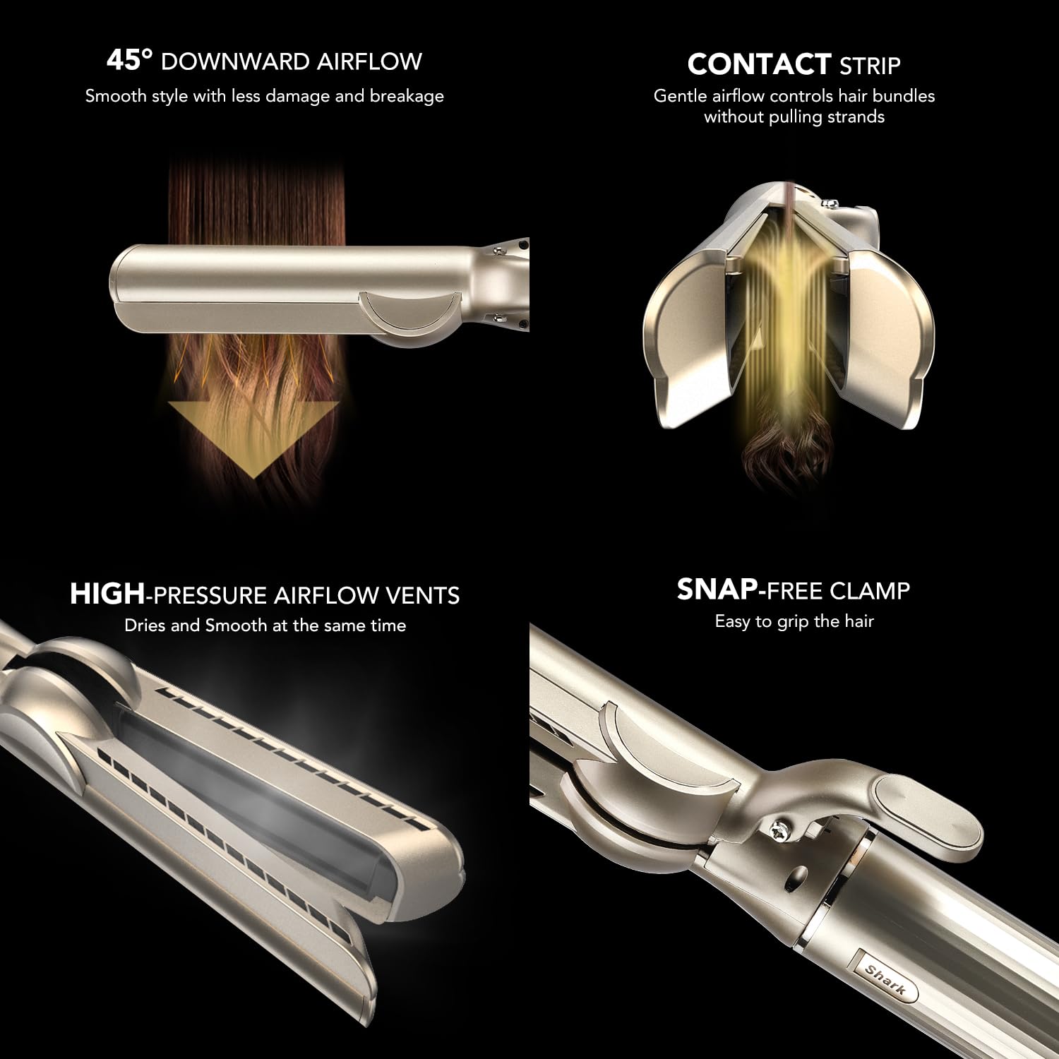 Sazika third party hot plate free straightening tool demonstrating the forty five degree angled airflow path