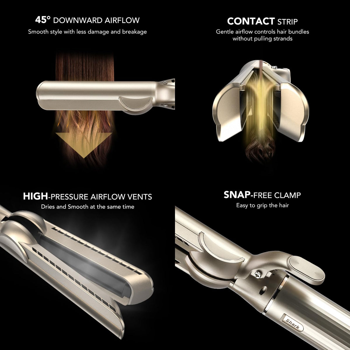 Sazika third party hot plate free straightening tool demonstrating the forty five degree angled airflow path