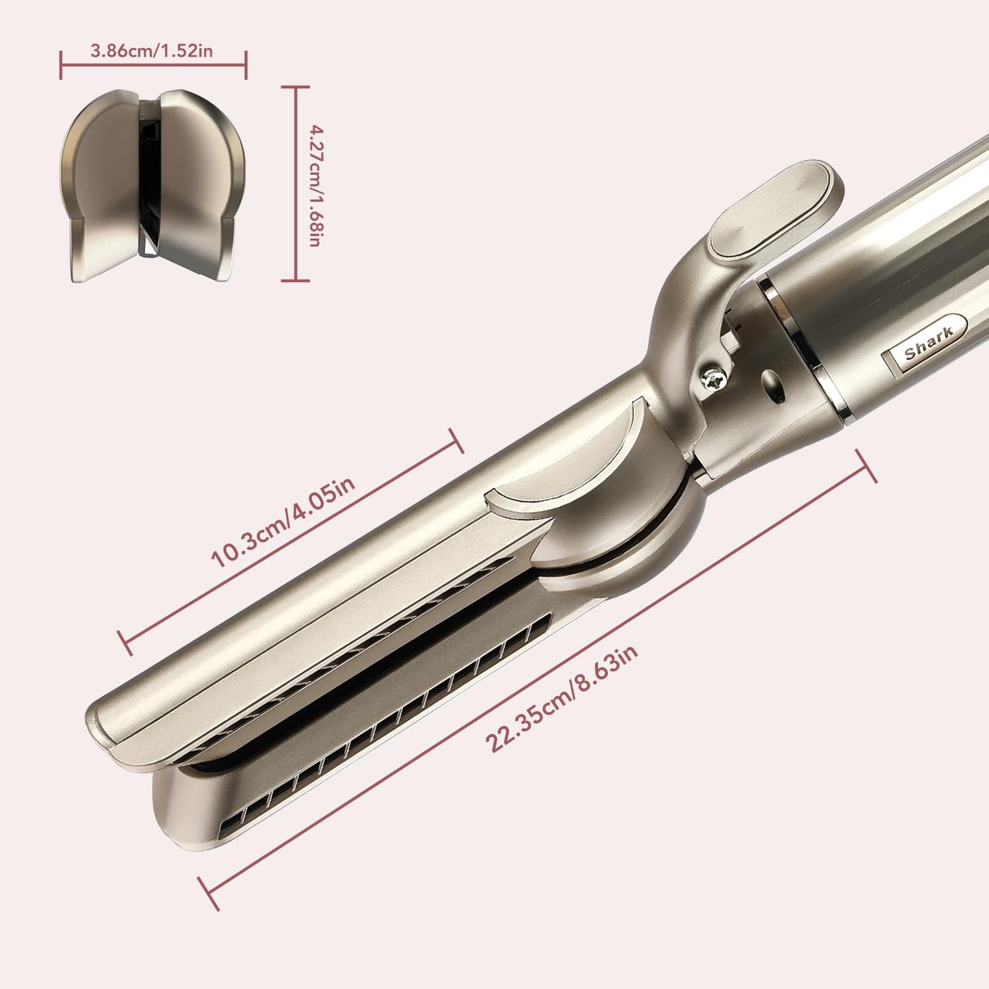 Premium champagne finish Sazika airflow tool displaying the contact strip side for gentle hair alignment