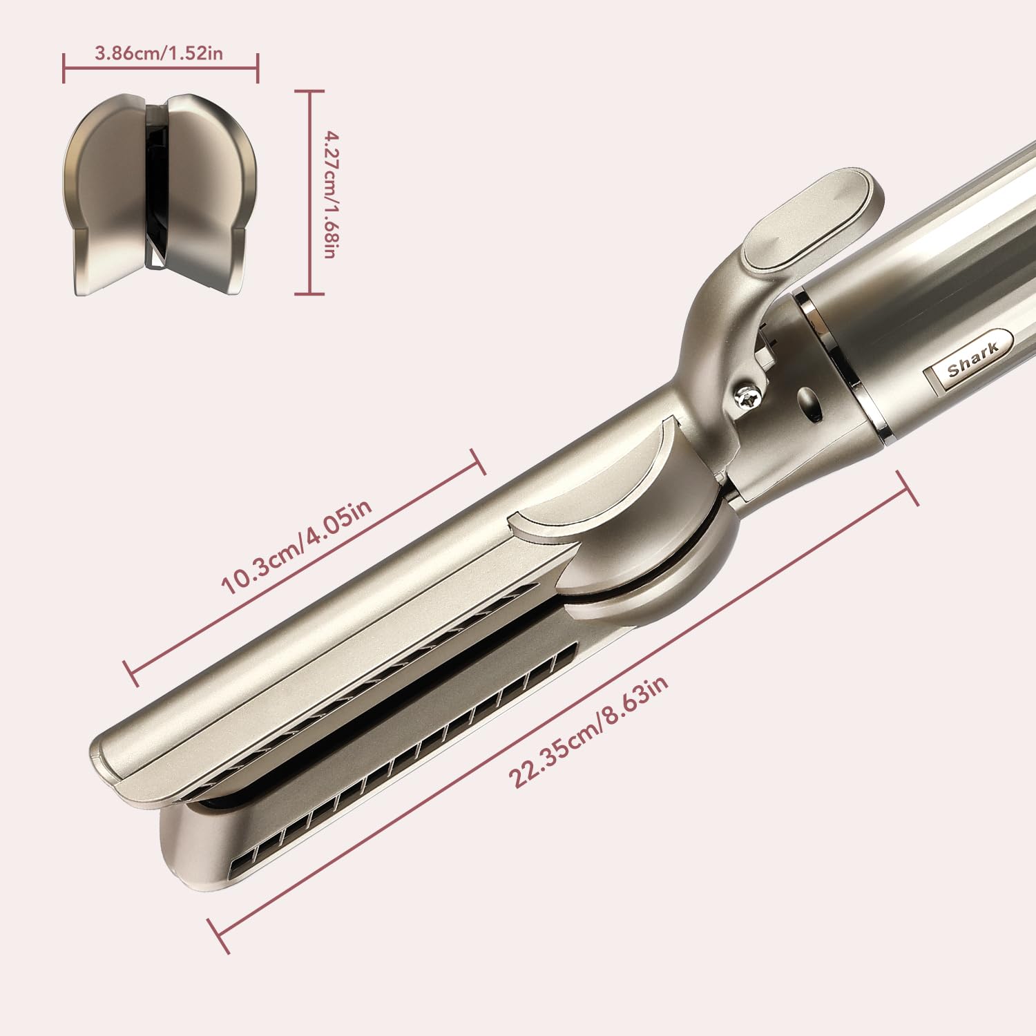 Premium champagne finish Sazika airflow tool displaying the contact strip side for gentle hair alignment