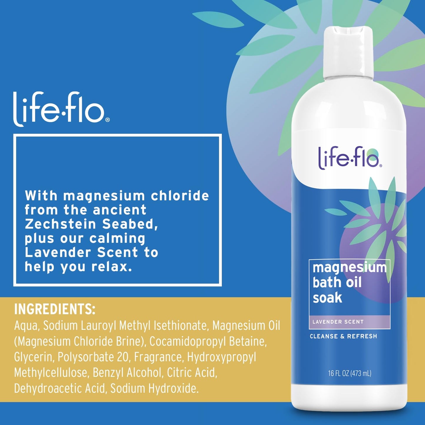 Life-Flo Magnesium Bath Oil close up on Zechstein seabed ingredient label