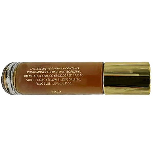 Marilyn Miglin Pheromone travel size roll on bottle showing concentrated gold perfume liquid