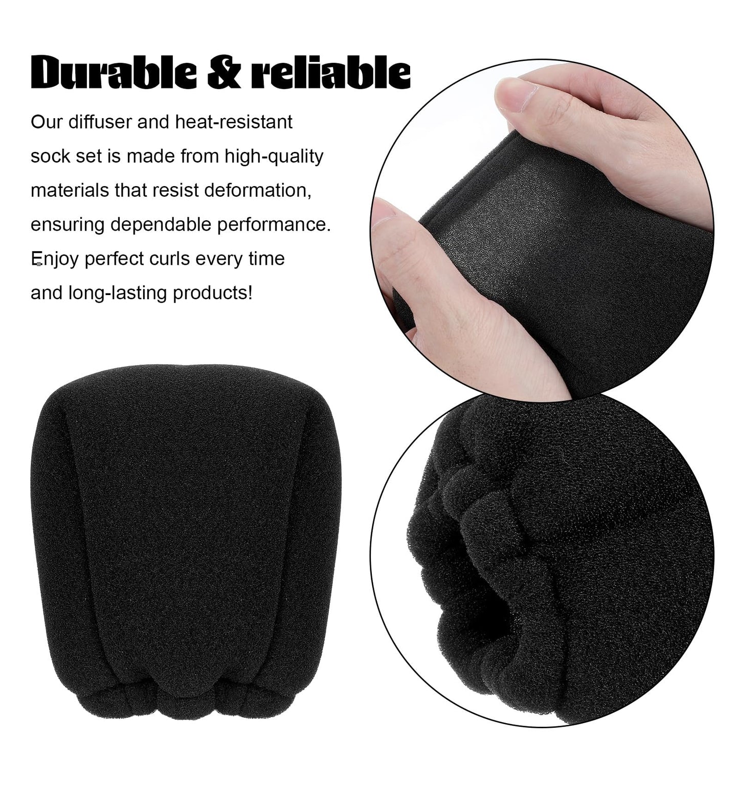 Close-up of the stretchable elastic opening on the universal hair diffuser sock fitting a standard blow dryer nozzle.