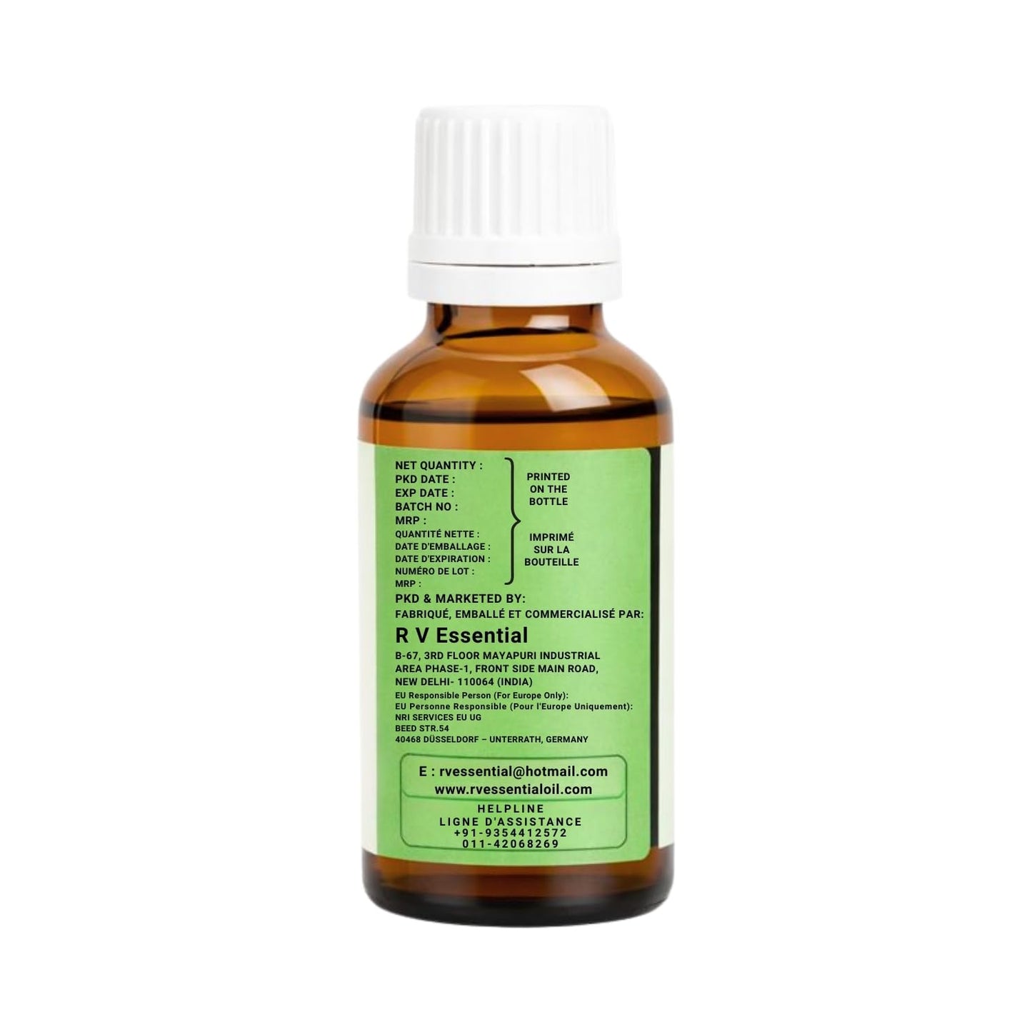R V Essential botanical mehendi oil side view details displaying professional beauty usage