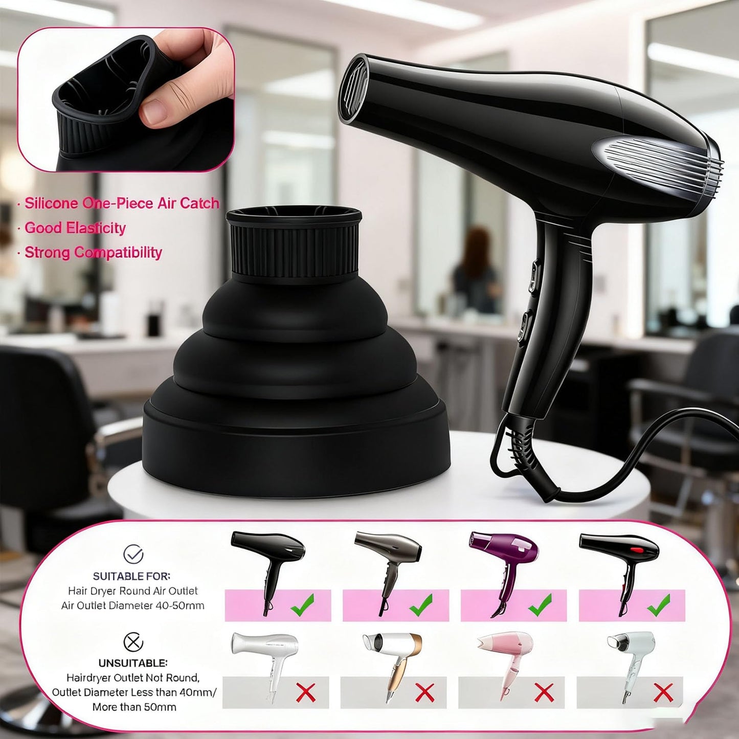 Black silicone universal hair blower diffuser attachment showing the stretchable nozzle connector side.