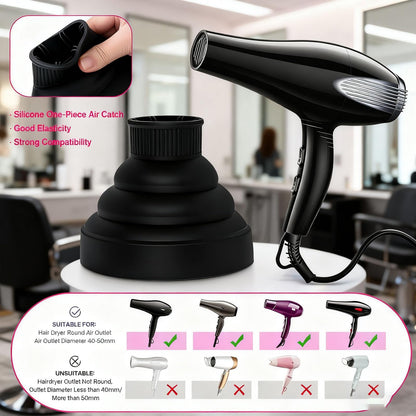 Black silicone universal hair blower diffuser attachment showing the stretchable nozzle connector side.