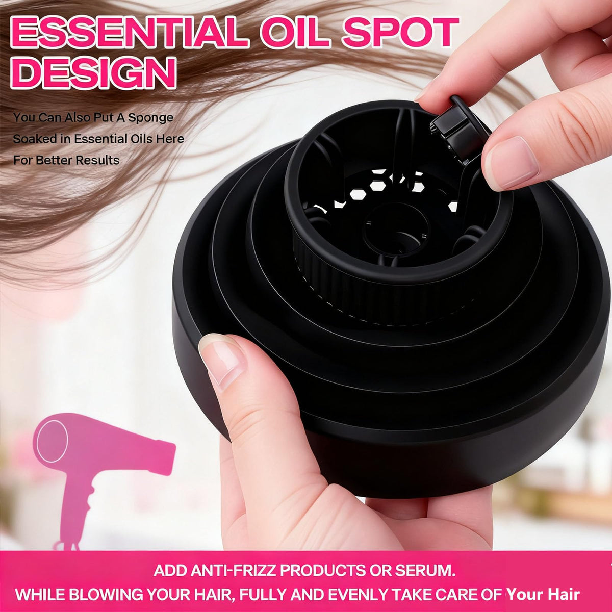Universal silicone curly hair diffuser attachment demonstrating fit compatibility with standard styling tools.