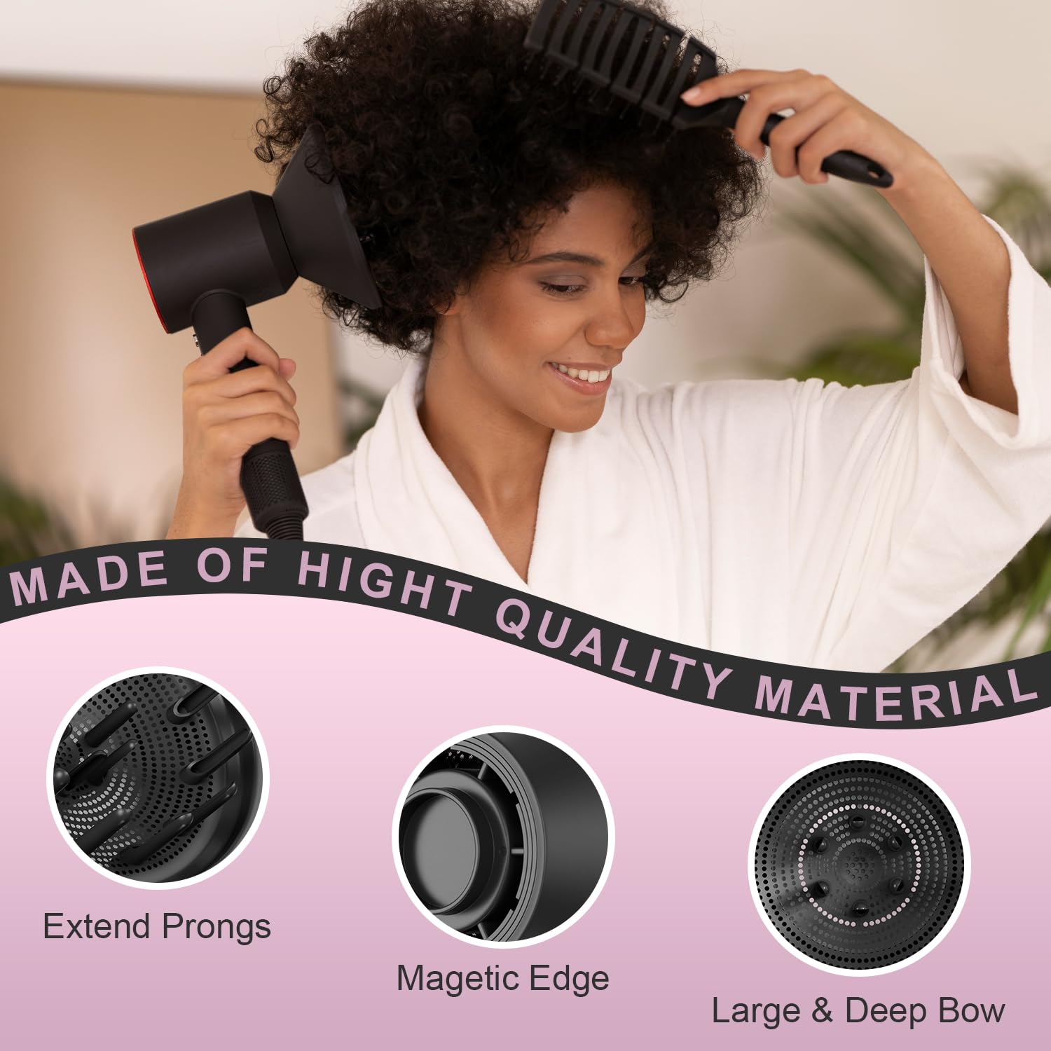 Hair Trends rotating diffuser attachment showing the deep prong layout designed for voluminous curly hair styling