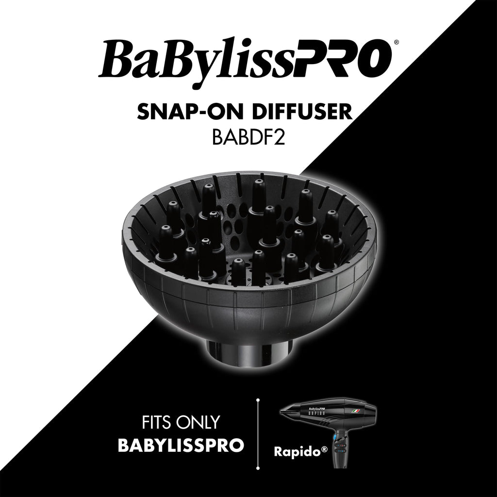 Side angle view of the BaBylissPRO BABDF2 diffuser highlighting the secure snap-on locking mechanism.