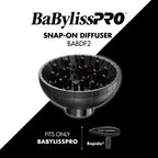 Side angle view of the BaBylissPRO BABDF2 diffuser highlighting the secure snap-on locking mechanism.