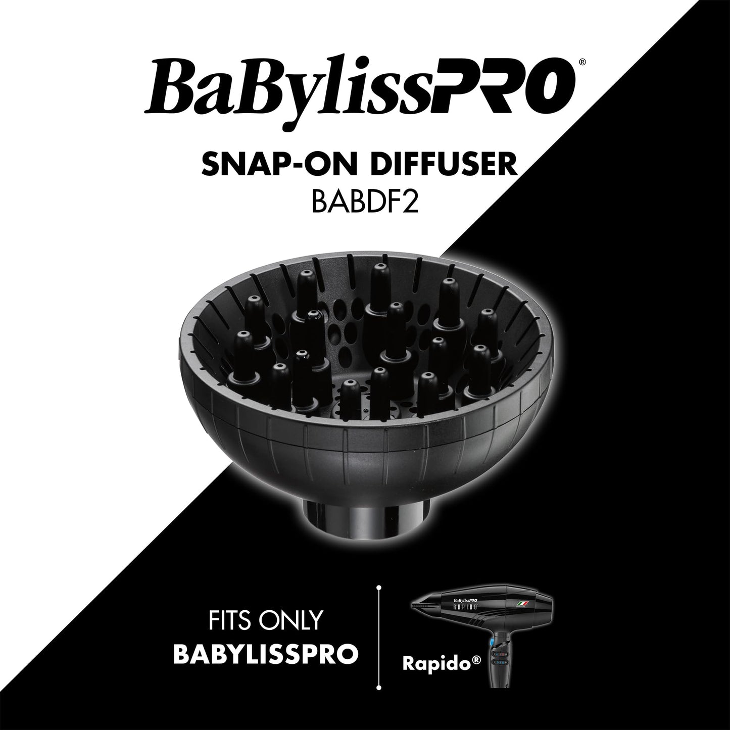 Side angle view of the BaBylissPRO BABDF2 diffuser highlighting the secure snap-on locking mechanism.