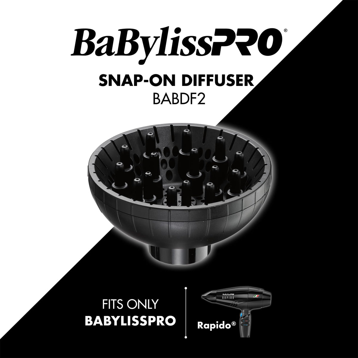 Side angle view of the BaBylissPRO BABDF2 diffuser highlighting the secure snap-on locking mechanism.