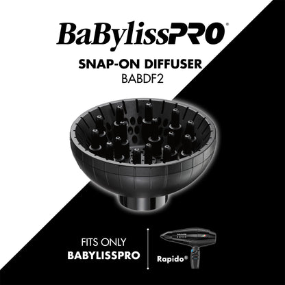 Side angle view of the BaBylissPRO BABDF2 diffuser highlighting the secure snap-on locking mechanism.