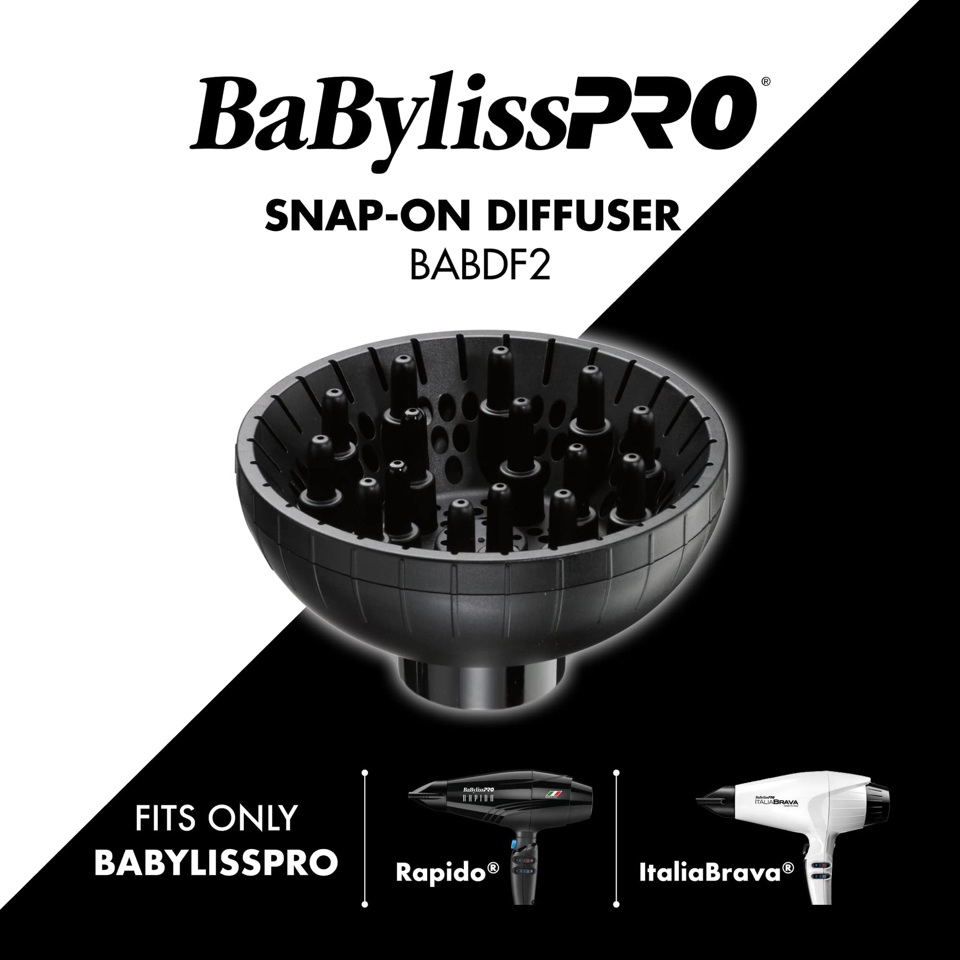 Premium styling tool packaging for the BaBylissPRO Italian series hair dryer diffuser attachment.