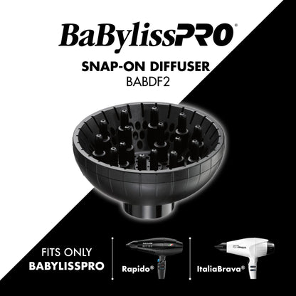 Premium styling tool packaging for the BaBylissPRO Italian series hair dryer diffuser attachment.