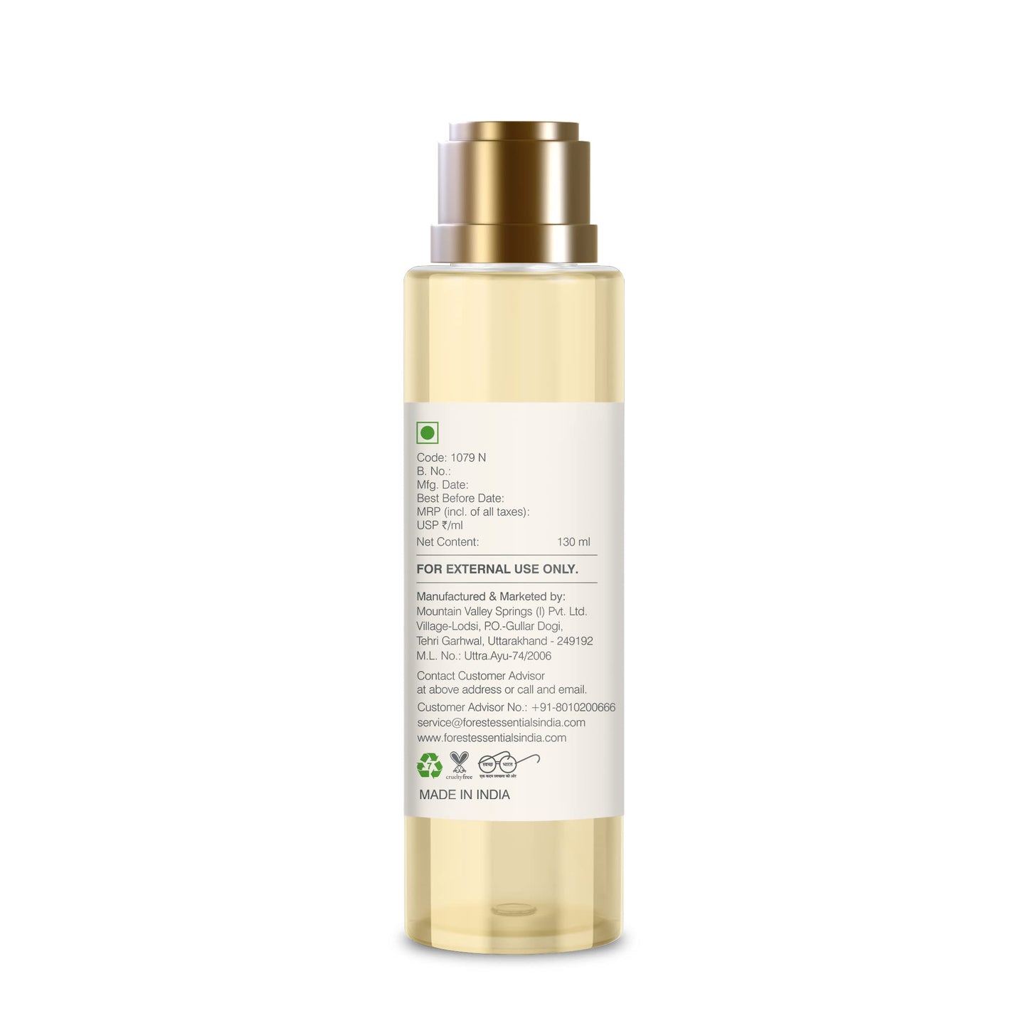Angled view of the premium 130 ml Ayurvedic emollient showing the gold cap and clear liquid consistency.