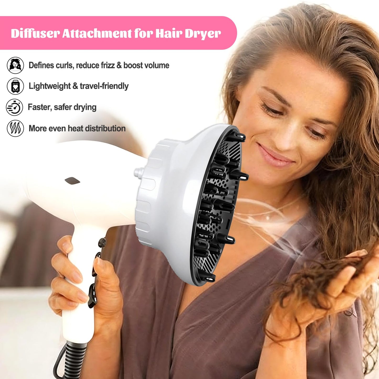 Anhorts white universal hair diffuser attachment highlighting the lightweight travel friendly construction.