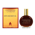 Marilyn Miglin Pheromone Bath And Body Oil angled view showing amber glass and gold cap