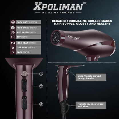 Xpoliman 2000W hair dryer displaying the side control switches for three heat settings and two speed settings