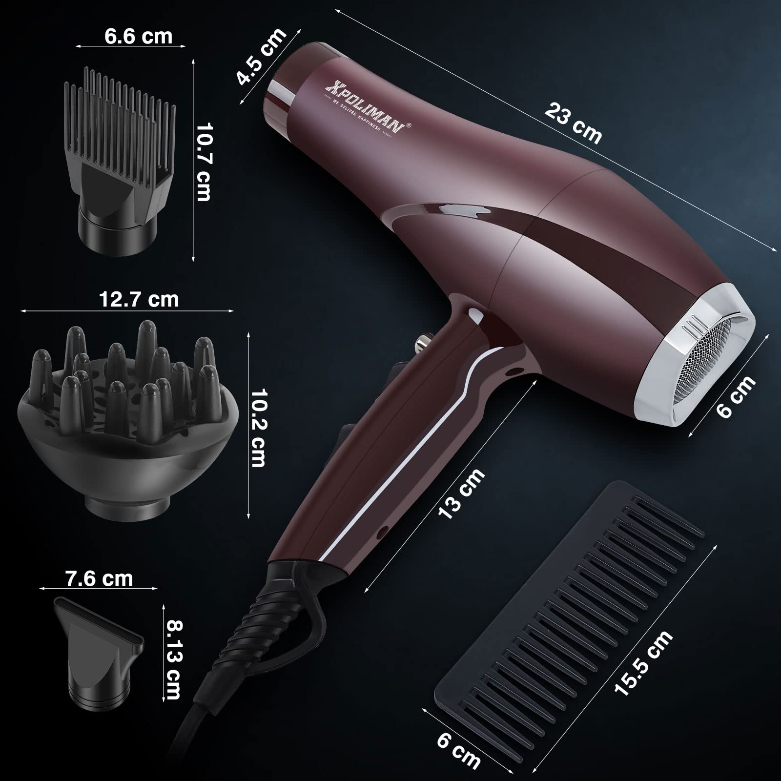 Xpoliman professional blow dryer showing the precise styling concentrator nozzle and detangling comb attachments