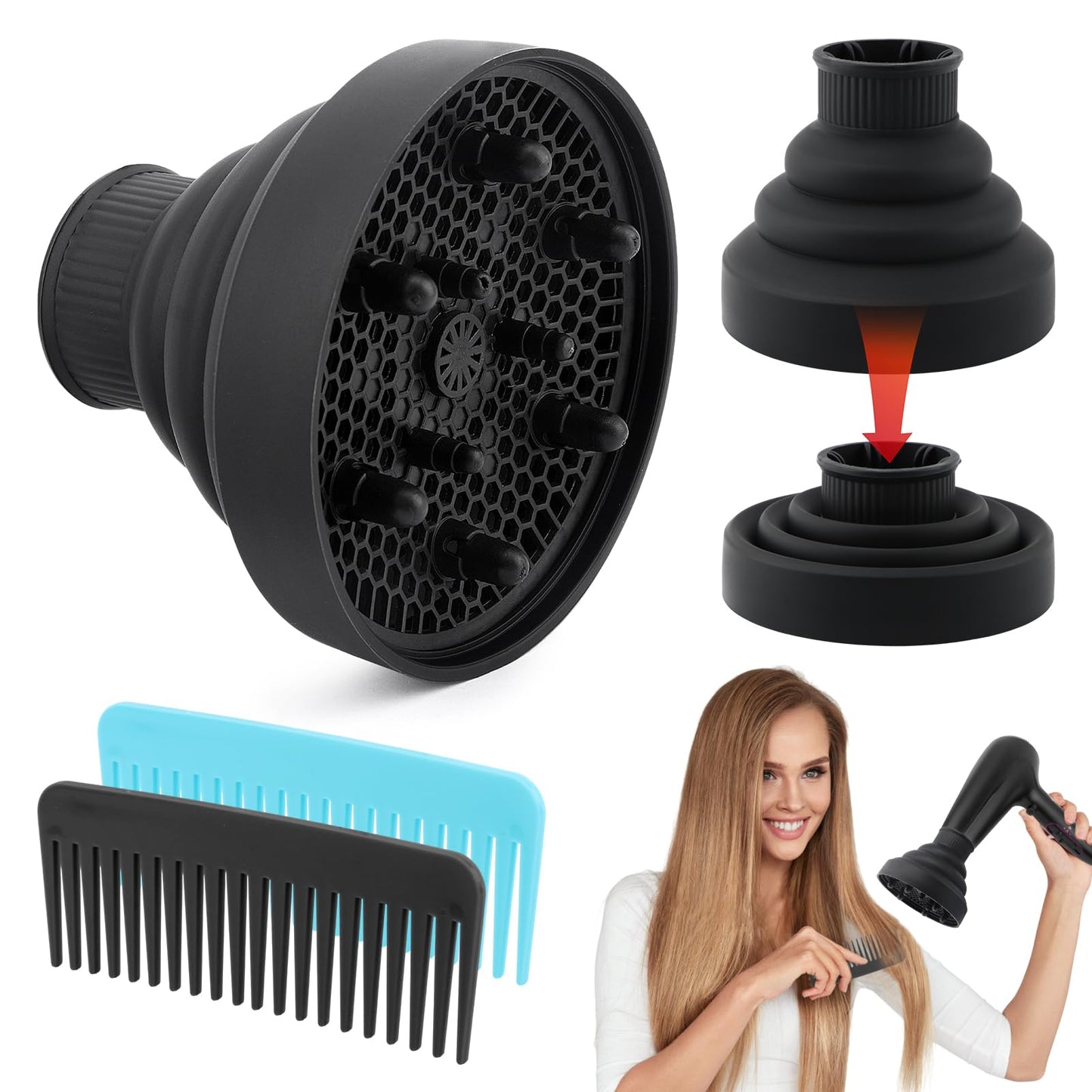 BOLT black collapsible silicone hair blow dryer attachment for travel