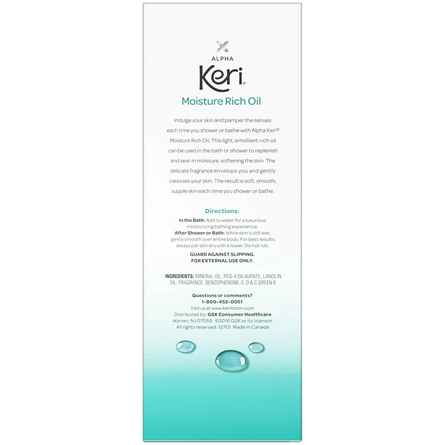 Imported USA Alpha Keri bath oil bottle displaying lanolin formulation details