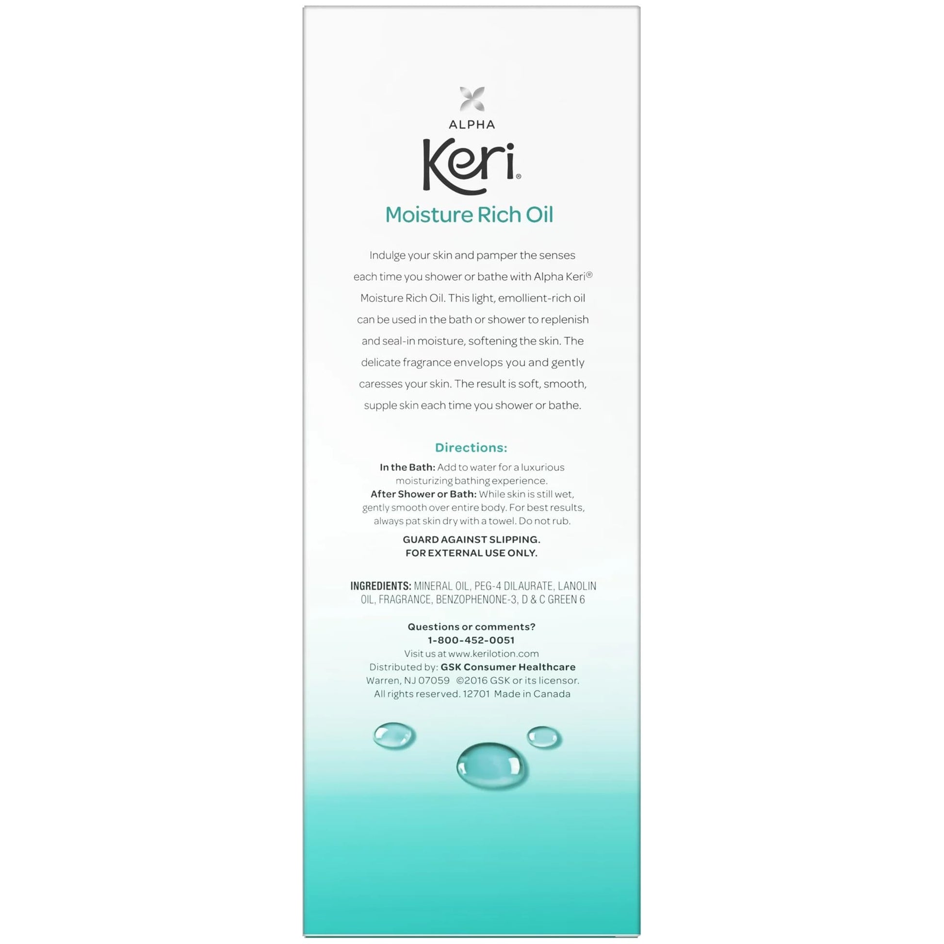 Imported USA Alpha Keri bath oil bottle displaying lanolin formulation details