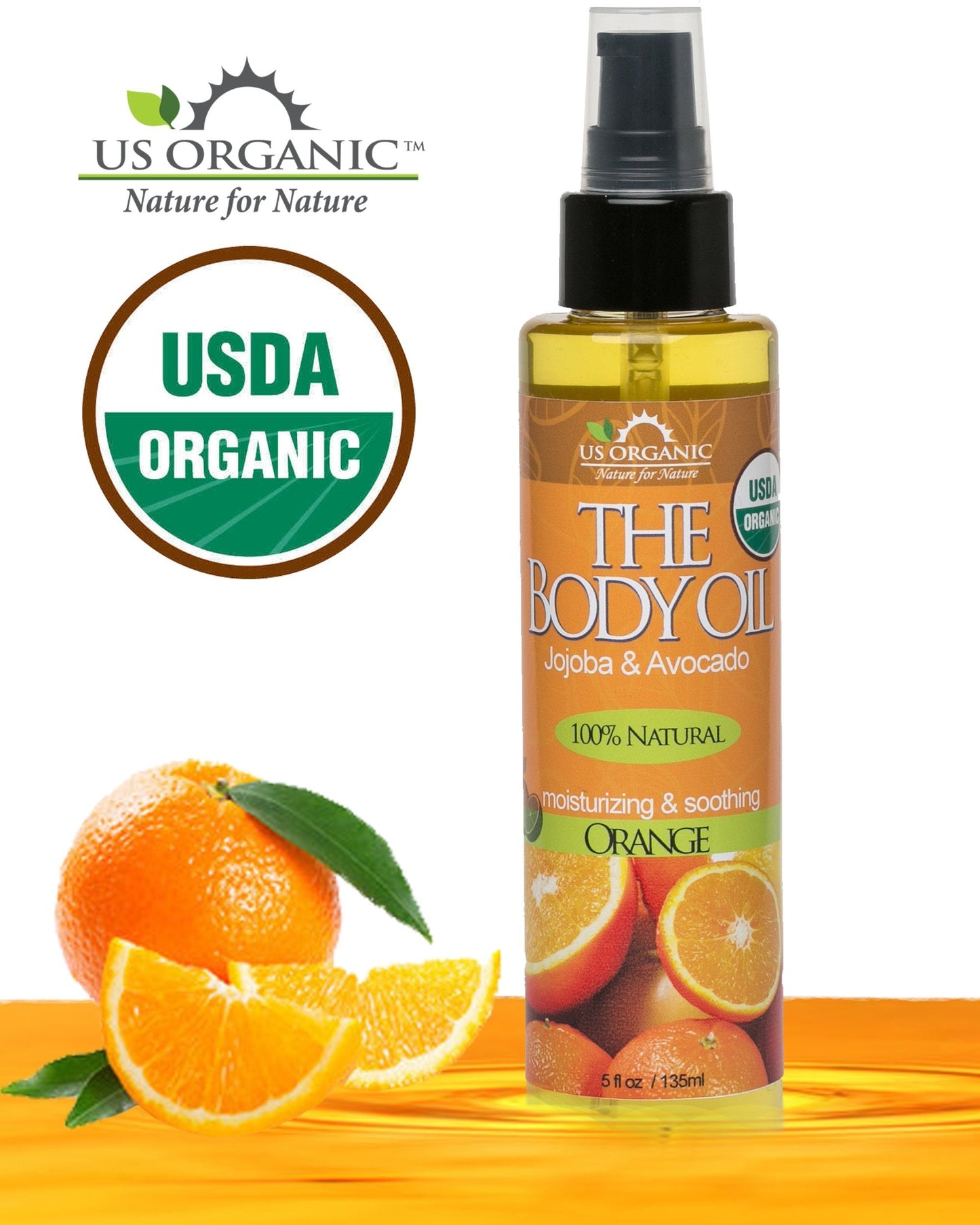 US Organic orange body oil packaging highlighting jojoba and avocado benefits