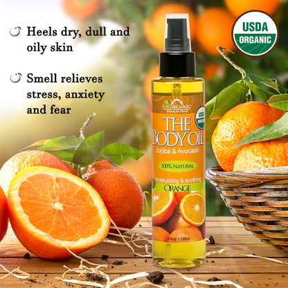 US Organic fresh orange massage oil displaying natural vitamin E callout