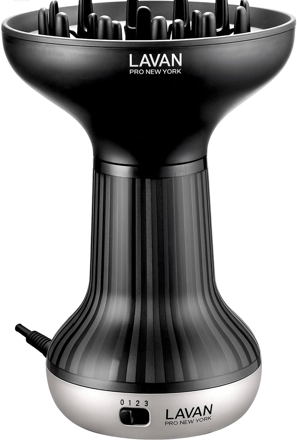 Close up view of the wide deep diffuser bowl attachment for defining natural curls.