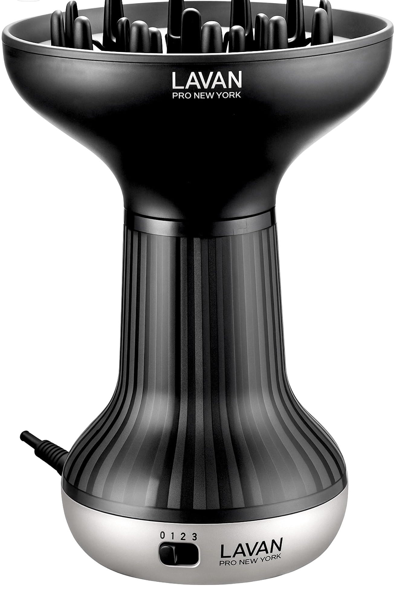 Close up view of the wide deep diffuser bowl attachment for defining natural curls.