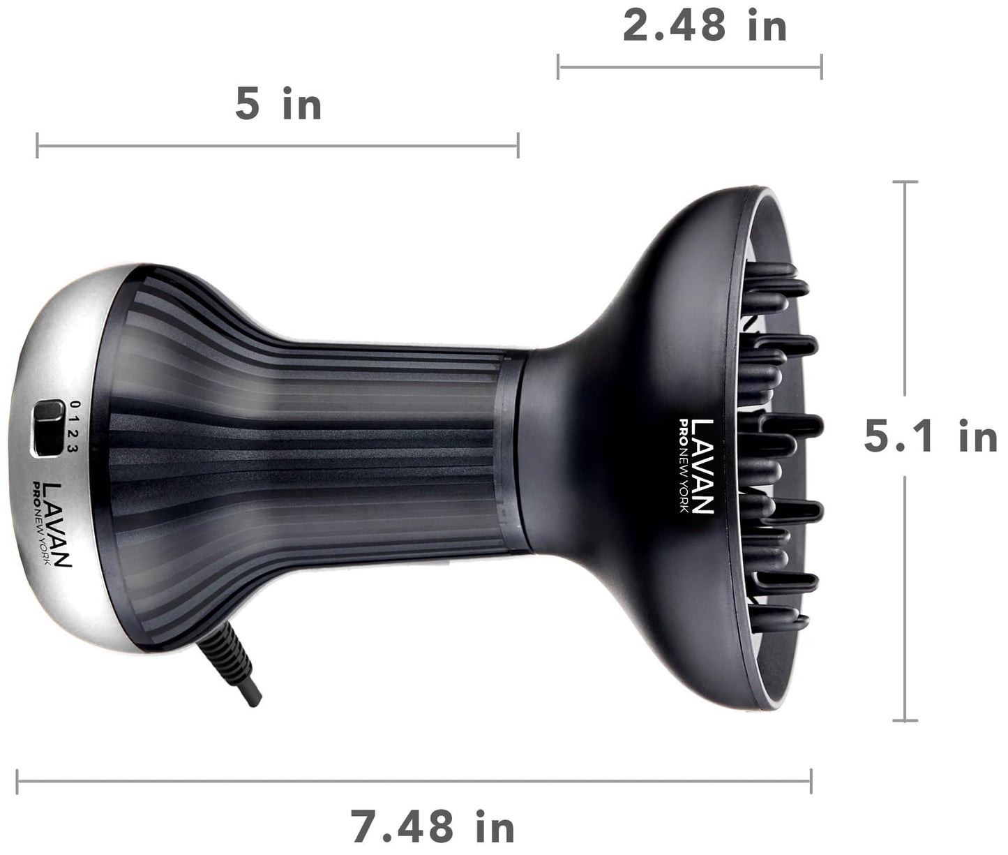 Side profile of the lightweight ionic technology blow dryer with adjustable buttons.