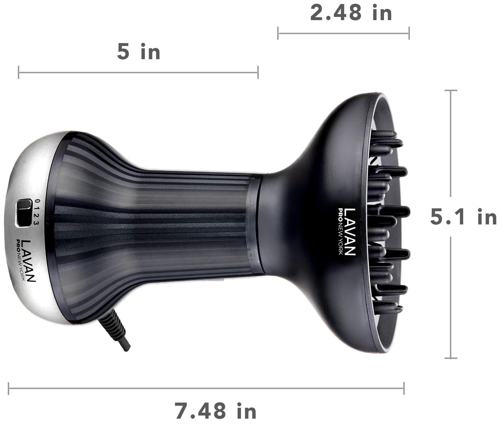 Side profile of the lightweight ionic technology blow dryer with adjustable buttons.