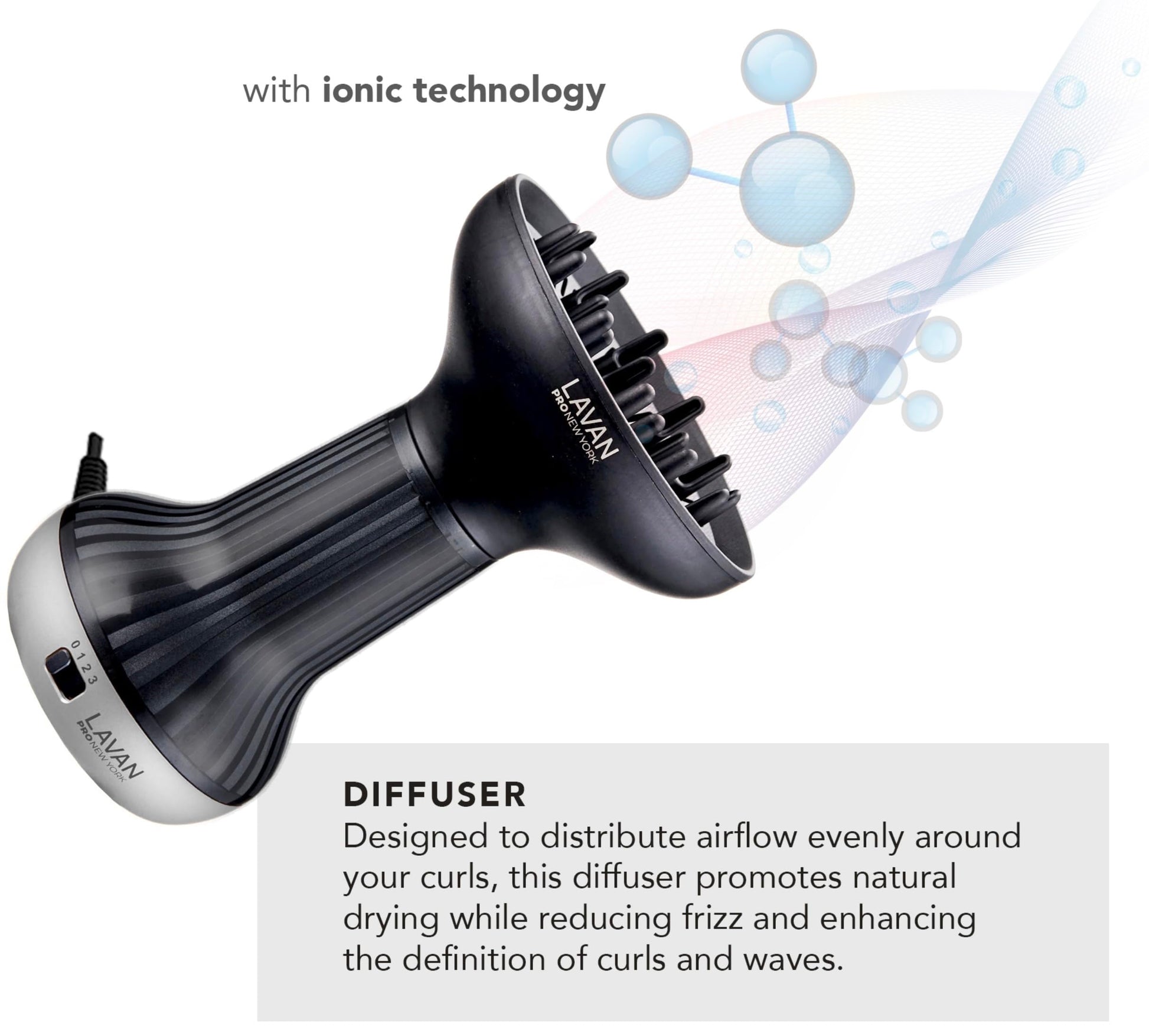 Lavanpro New York ionic hair dryer being used to diffuse wavy and curly hair textures.