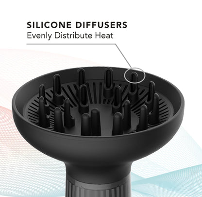 The complete silver diffuser hair dryer set with packaging and accessories included.