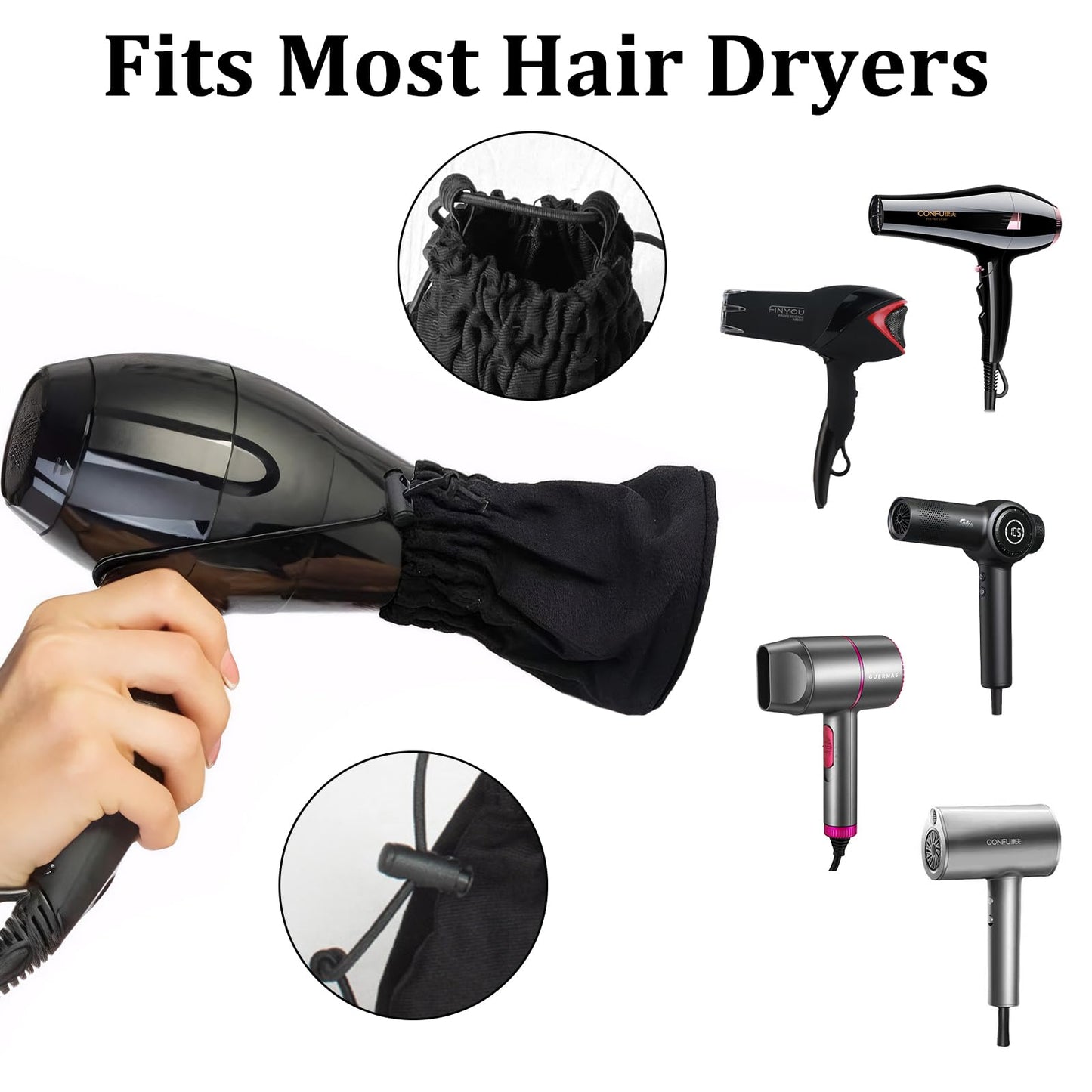 Collapsible hair diffuser mesh sleeve showing the stretchable elastic band opening.