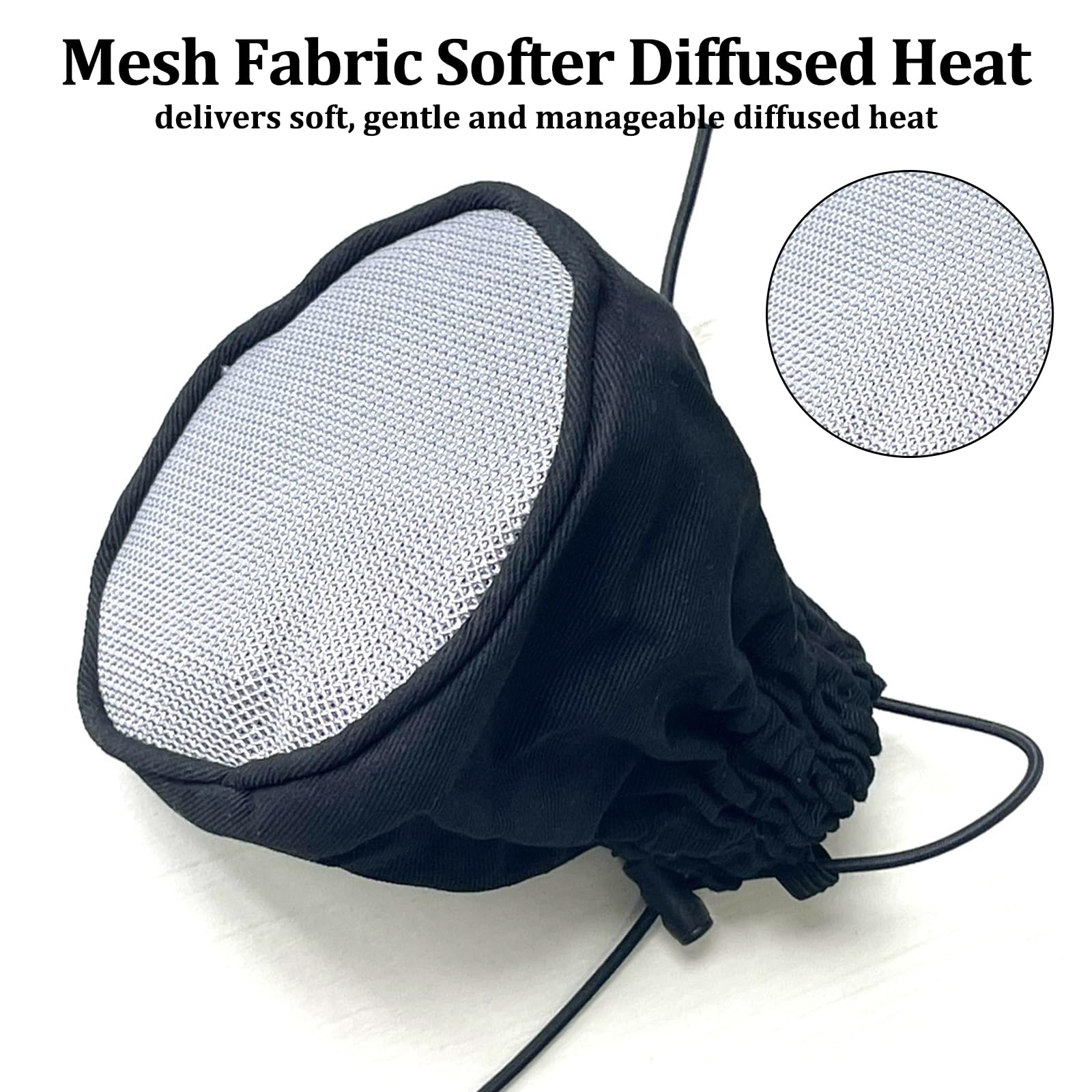Silver nylon mesh sock diffuser stretched over a standard salon hair dryer nozzle.