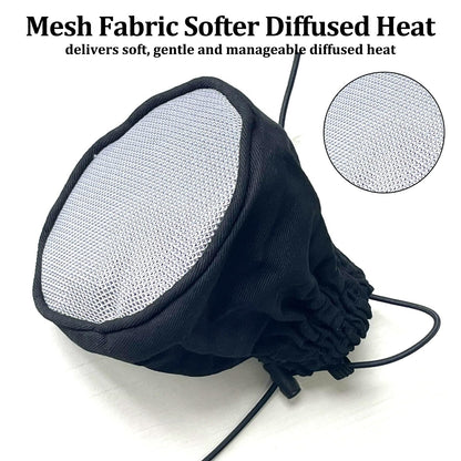 Silver nylon mesh sock diffuser stretched over a standard salon hair dryer nozzle.