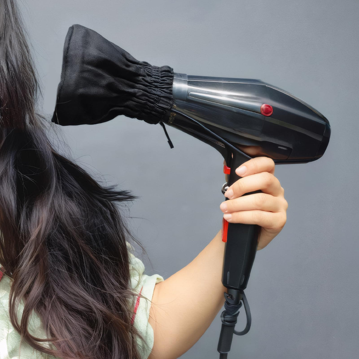 Heat resistant canvas and mesh curly hair diffuser accessory close up details.