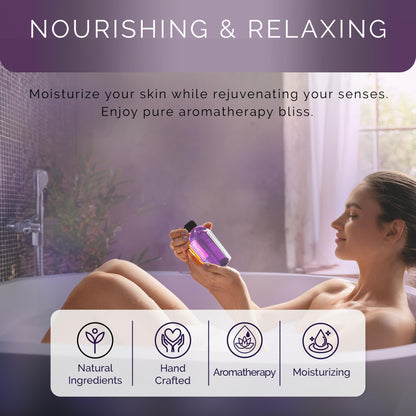 Luxury USA imported lavender body oil pour action into warm running bathwater
