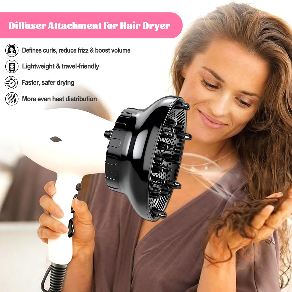 Professional blow dryer diffuser attachment compatible with one point four to two point six inch nozzles